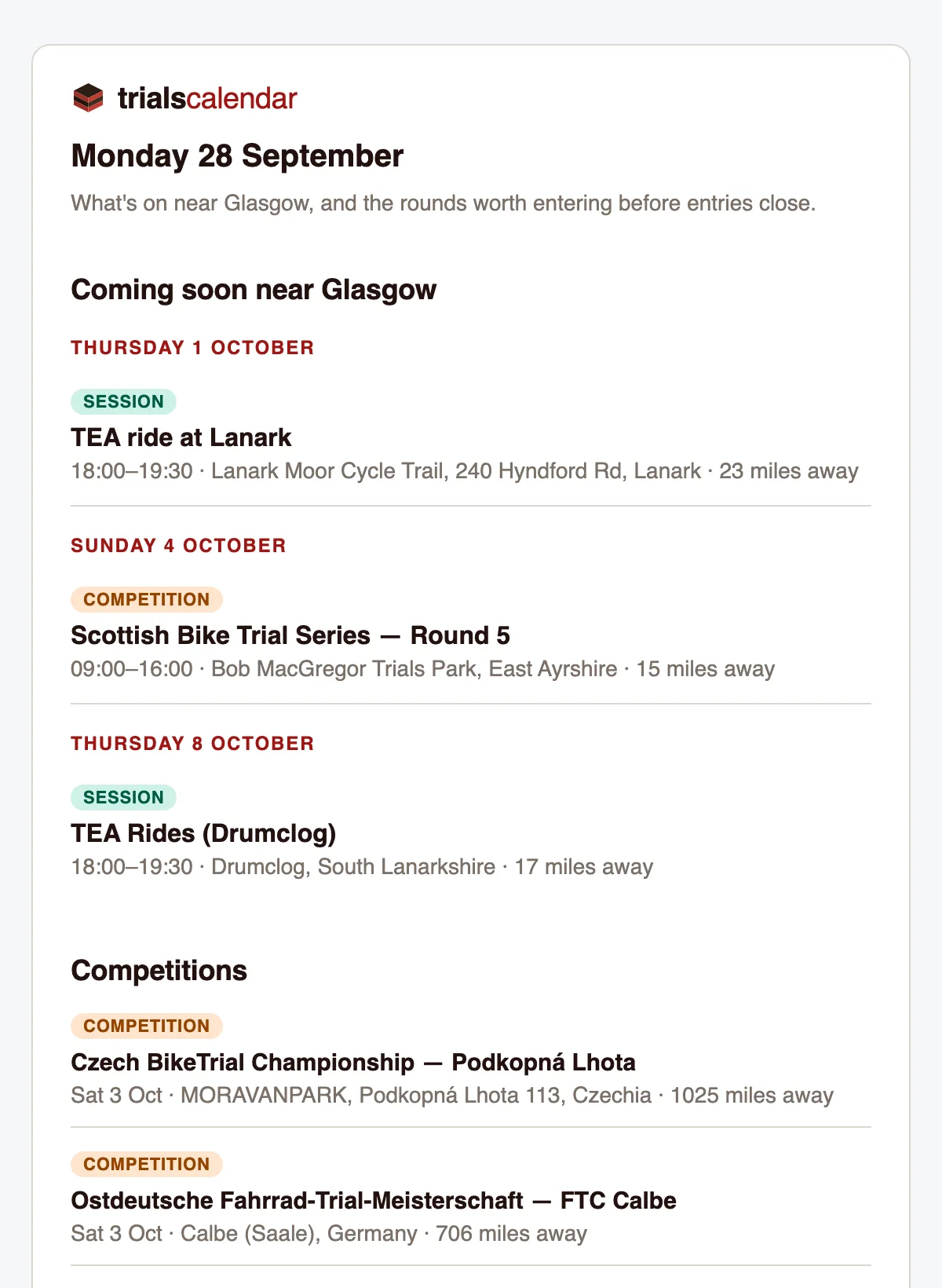 A Monday email listing sessions and a competition near Glasgow, each with its date, time, venue, and distance.