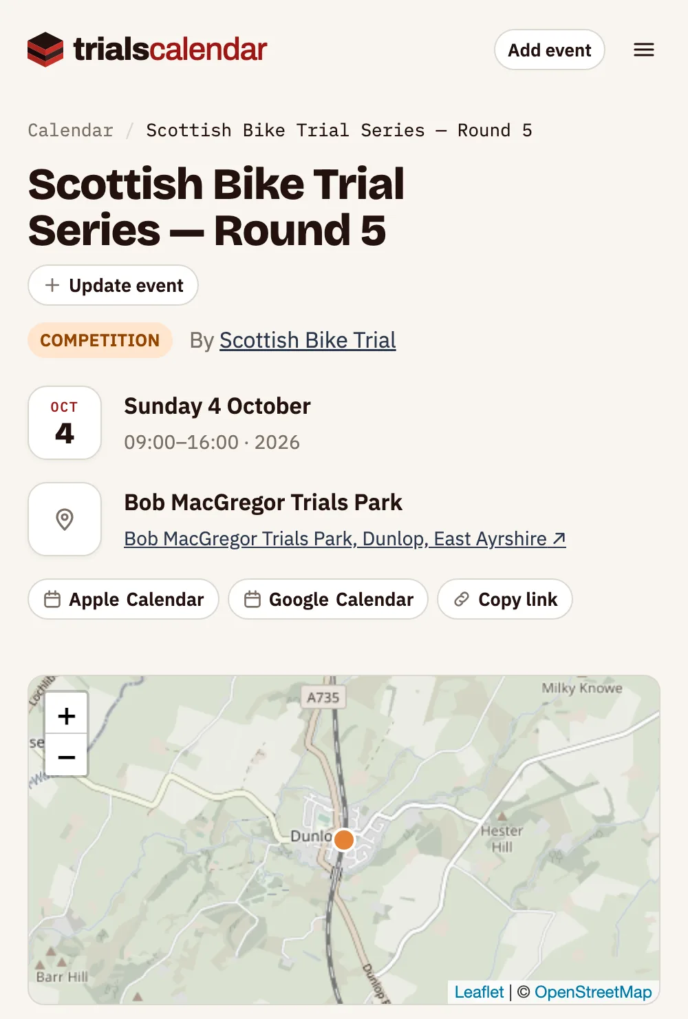 An event page on a phone for Scottish Bike Trial Series Round 5, with the date, times, venue, calendar buttons, and a map.