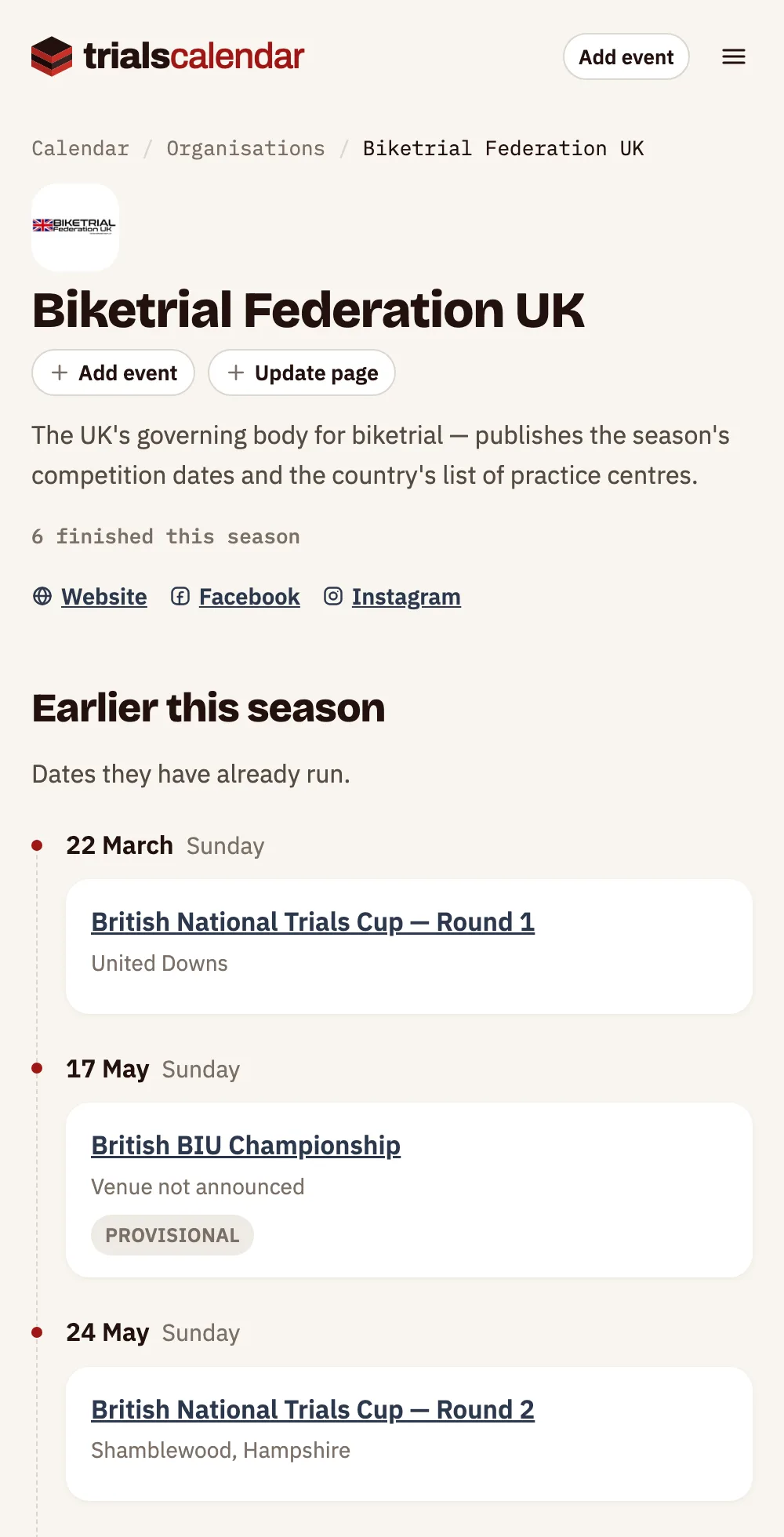 The Biketrial Federation UK page on a phone, with its logo, links, and the season's rounds listed by date.