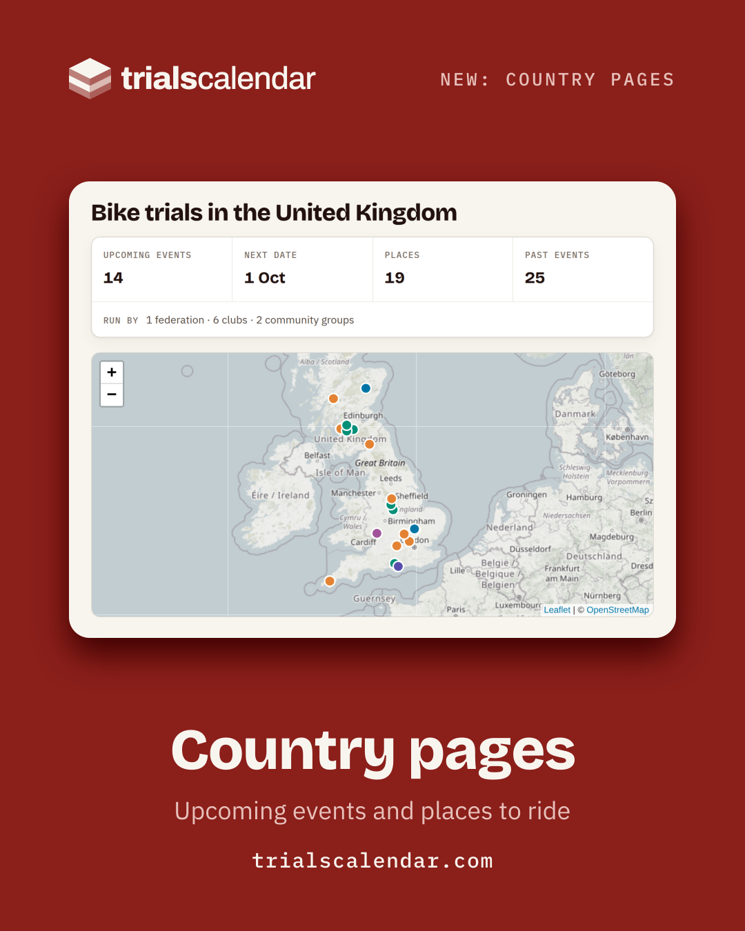 Country pages, shown on Trials Calendar