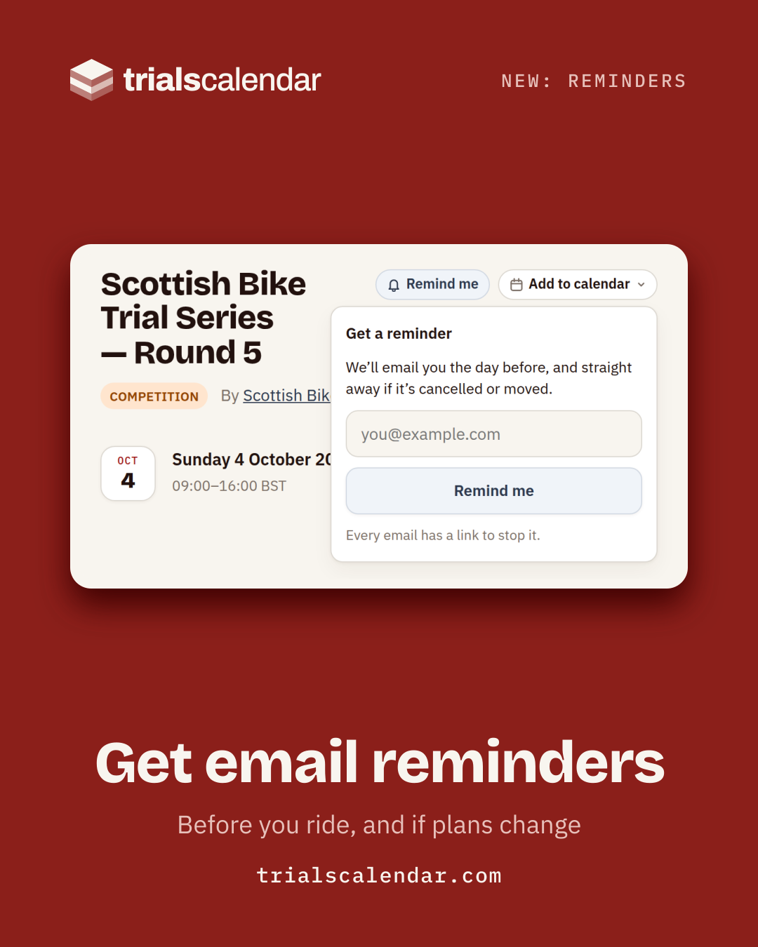 Get email reminders, shown on Trials Calendar
